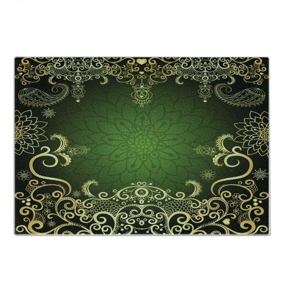 Mandala Cutting Board, Frame Lotus Shade Floral Swirls Little Hearts and Dots, Decorative Tempered Glass Cutting and Serving Board, Small Size, Green Black Pale Yellow, by Ambesonne