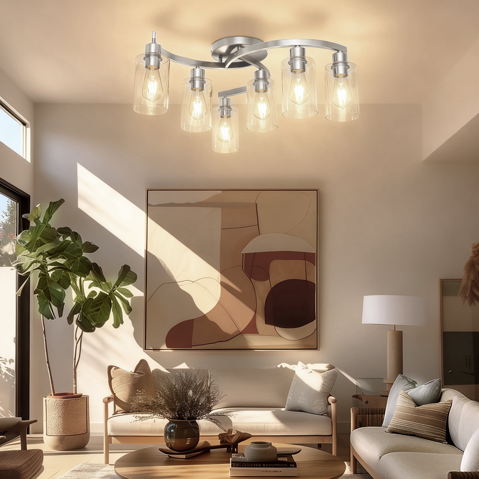 YANSUN Modern 6-Light Industrial Ceiling Light, Bent Tube Design with Clear Glass Shades, 20.5 in Flush Mount for Dining Room Living Room