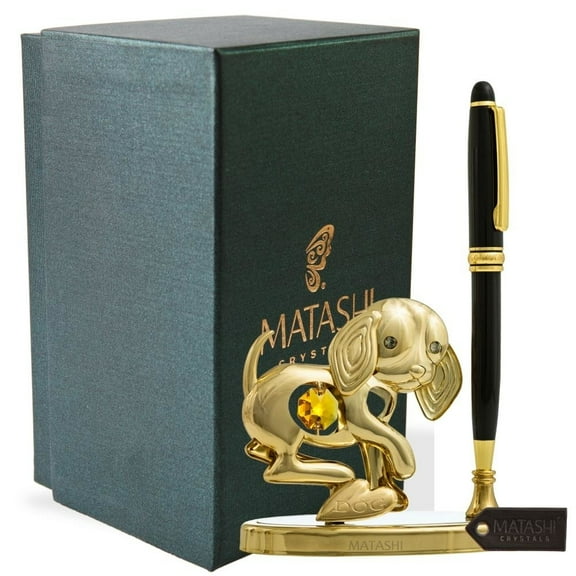 2018 Year of the Dog 24k Gold Plated Puppy Pen Set (Black Ballpoint) Table Top Ornament w/ Gold Crystal Elegant Metal