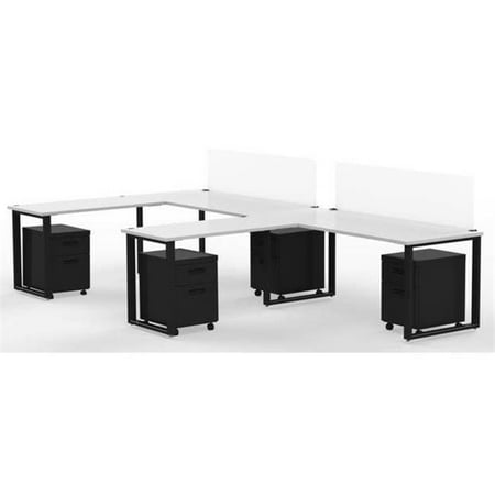 Privacy Finish - Marvel Aire ARTY0012DWBK Benching for Two 72 x 30 in. Desks with 2 - 48 x 24 in. Returns, 2 - Privacy Screens & 4 Mobile Pedestals - Designer White Laminate & Black Finish