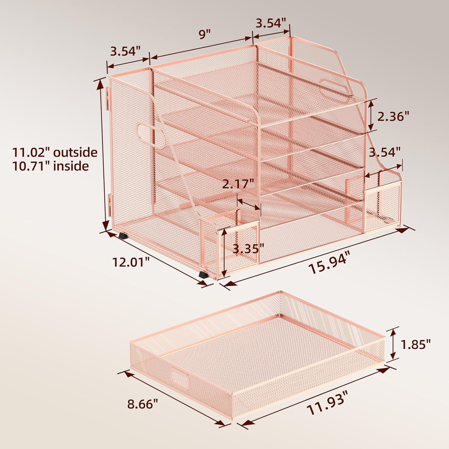 INTIGE 5-Tier Mesh Desk Organizer with File Holder, Paper Letter Tray Organizer with Magazine Holder, Rose Gold