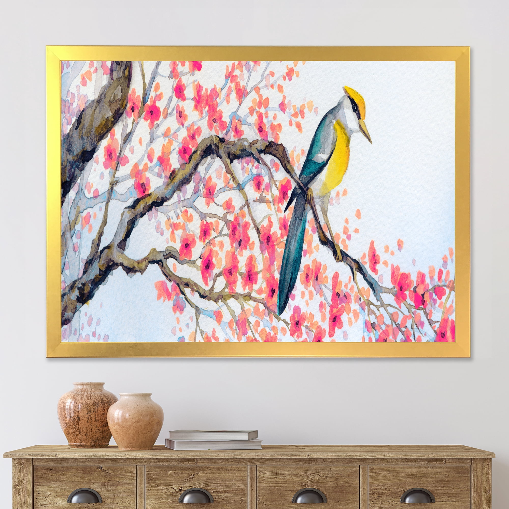 Beautiful Pink Bird Sitting On Flowering Branch I 20 in x 12 in Framed Painting Canvas Art Print, by Designart