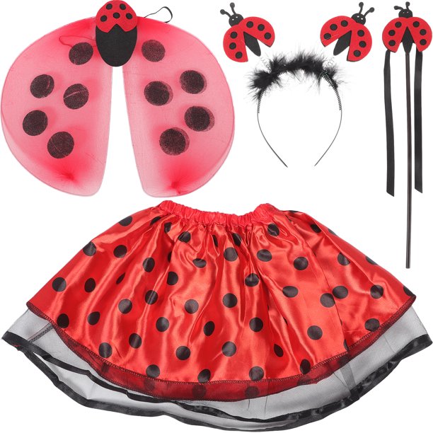 4pcs / set Lady Bird Costumes Headband Wand Tutu Skirt Set Angle Girls Fairy Dress Outfit (Mariquita)