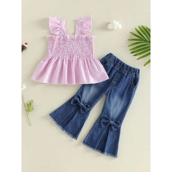 Loicainy Toddler Kids Little Girl Summer Outfit 6 12 24 Months 2T 3T 4T 5T Striped Flying Sleeve Smocked Ruffle Tops and Bow Denim Flare Pants 2 Piece Clothes Set