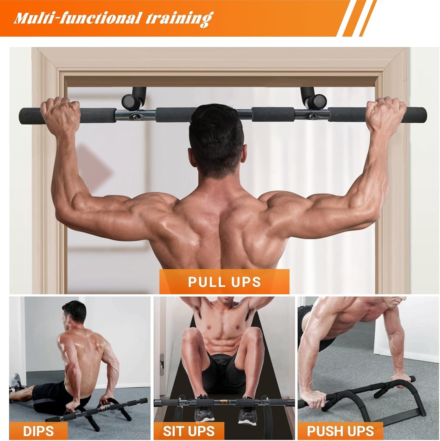 Pull Up Bar for Doorway | No-Screw Chin Up Bar with Multi-Grip  Handles | Heavy-Duty  Gym Strength  Equipment | Upper  Workout Bar for Standard Door Frames