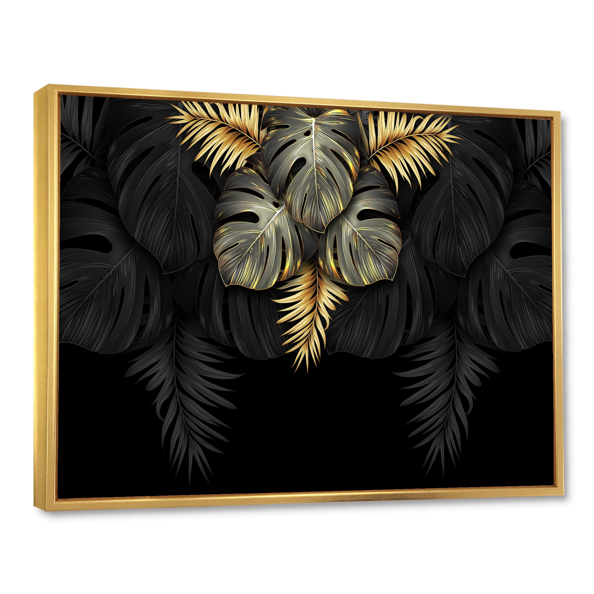 Designart 'Gold and Black Tropical Leaves IV' Modern Framed Canvas Wall Art Print