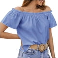 thumbnail image 3 of Tops cortos para mujer,Blusa con hombros descubiertos, manga corta, plisada, tejido de poliéster suave, camisa informal de verano para mujer, sopatenor, 3 of 8
