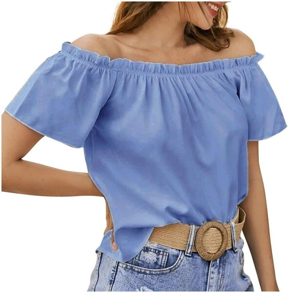 Akafmk Plus Size Womens Tops,Blouses for Women Summer Tops,Short Sleeve Tops Solid Color Relaxed Fitting Off-The-Shoulder Ruffle Blouses Tunic Tops