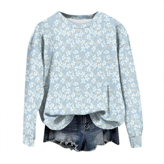 WTOBBY Women's Retro Floral Print Crewneck Sweatshirt Long Sleeve Loose Fit Fleece Pullover Top Fall Casual Fashion for Streetwear and Daily Use,Blue L