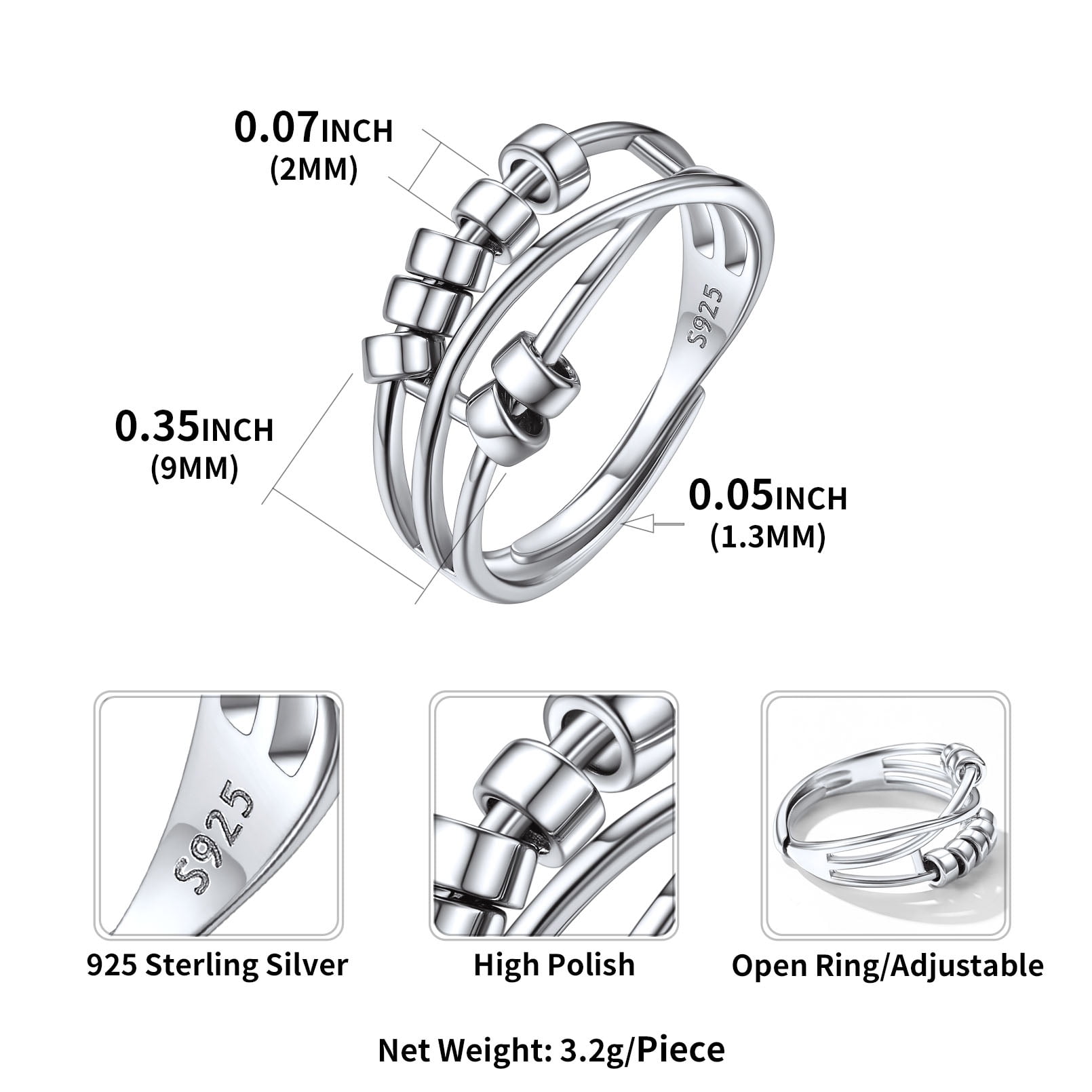 ChicSilver Ring for Women Adjustable Sterling Silver Fidget Anxiety Ring with Rotatable Polished Beads for Stress Relief