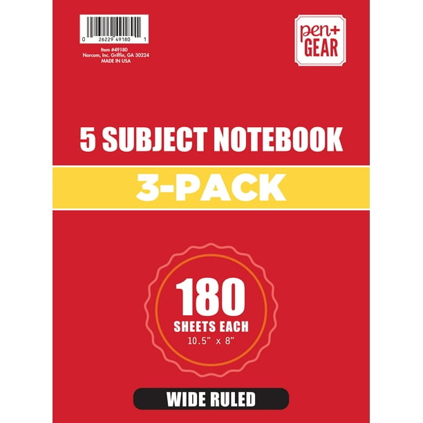 Pen + Gear 5Subject Spiral Notebooks, Wide Ruled, 180 sheets, 3 Pack