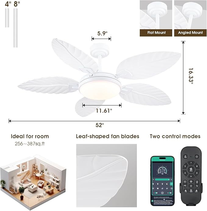 Kviflon 52" Tropical Ceiling Fan with LED Lights & Remote, Outdoor Palm Leaf Fan for Patios, Porch, Bedroom, Dimmable 6 Speeds, Reversible DC Motor, Smart App Control - White