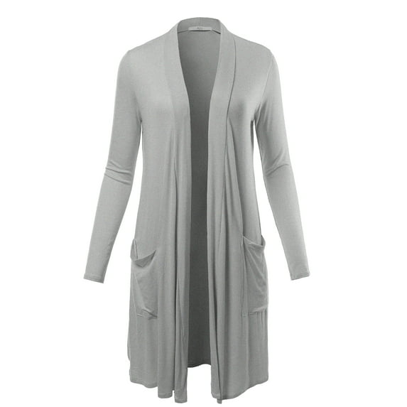 A2Y Women's Lightweight Open Front Pocket Long Length Long Sleeve Rayon Spandex Cardigan Heather Grey XL