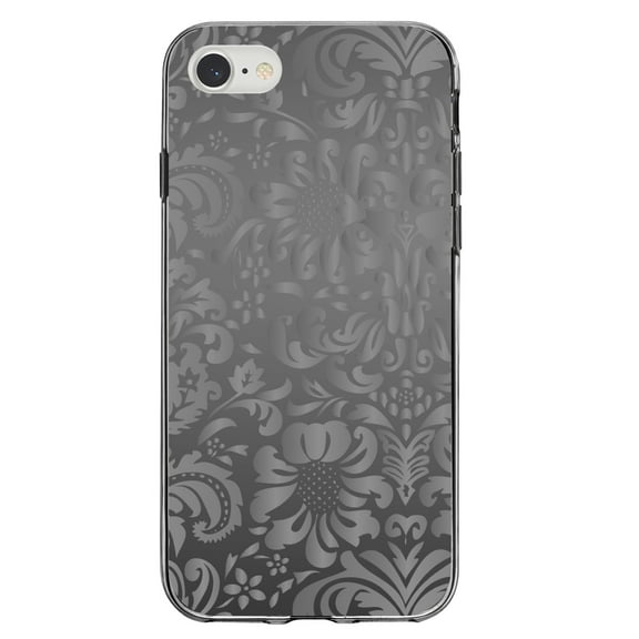 DistinctInk Clear Shockproof Hybrid Case for iPhone 7 8 SE (2020 Model) 4.7" Screen TPU Bumper Acrylic Back Tempered Glass Screen Protector - Shades of Grey Floral Pattern