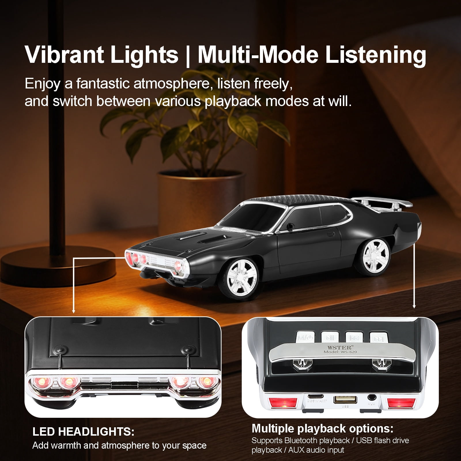 WSTER WS-620 Retro Muscle Car Portable Bluetooth Speaker, 2*5W Heavy Bass Wireless Speaker, Bluetooth 5.4, TWS Pairing, FM Radio, TF/USB, Hands-Free Call,The perfect gift for family and friends