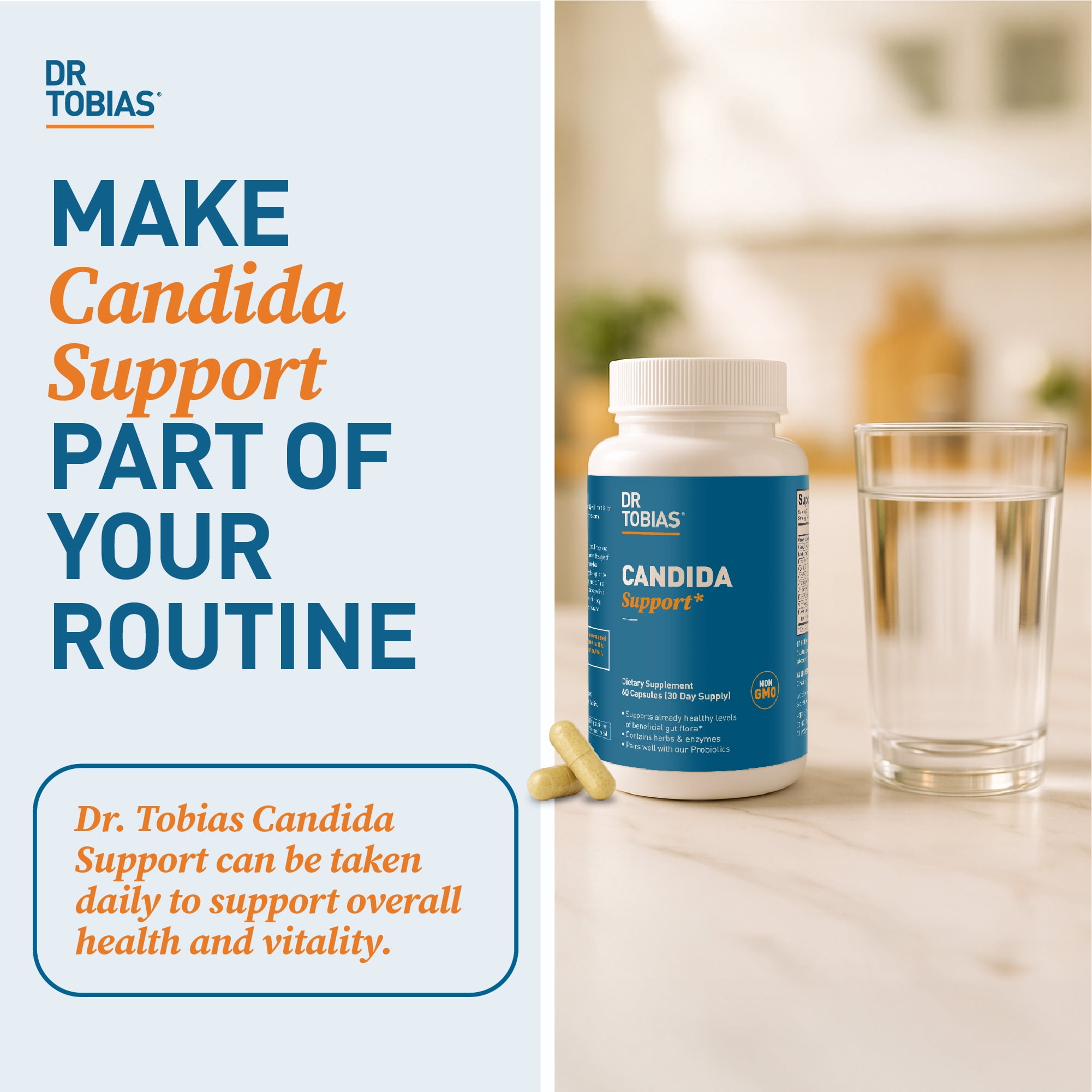 Dr. Tobias Candida Support, Gut Flora Balance Complex with Oregano, Caprylic Acid, Enzymes & Probiotics, Support Intestinal Detox Cleanse & Gut Health for Women & Men, 60 Capsules, 30 Servings