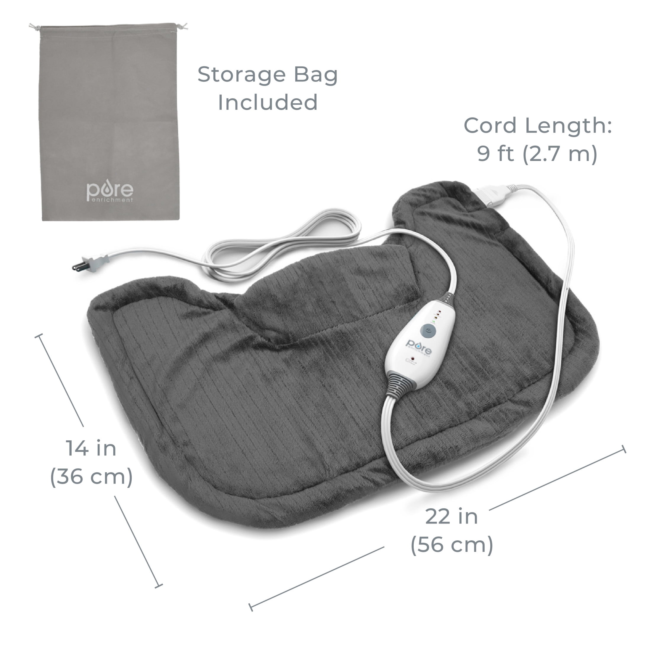 Pure Enrichment PureRelief Neck & Shoulder Heating Pad - 4 Heat Settings, Auto Shut-Off, Universal Fit, Magnet Closure, Soft Micromink, Storage Bag, 5-Year Warranty, Machine Wash (Charcoal Gray)