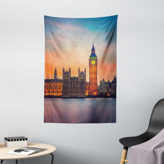 London Tapestry, Fairy View of Big Ben and Houses of Parliament at Dusk in London British Urban Town, Wall Hanging for Bedroom Living Room Dorm Decor, 40W X 60L Inches, Multicolor, by Ambesonne