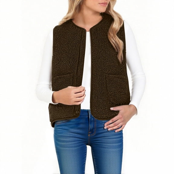 Gfyviroh Women's Fleece Vest Open Front Casual Lightweight Cardigan Jackets with Pocket Fuzzy Sleeveless Comfortable Outerwear