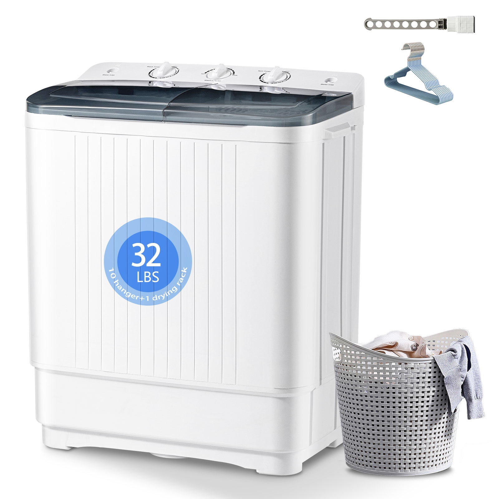 Dimedeal 32 lbs Portable Twin Tub Mini Washing Machine, 20 lbs Washer & 12 lbs Spinner with 1 Drying Rack & 10 Hangers