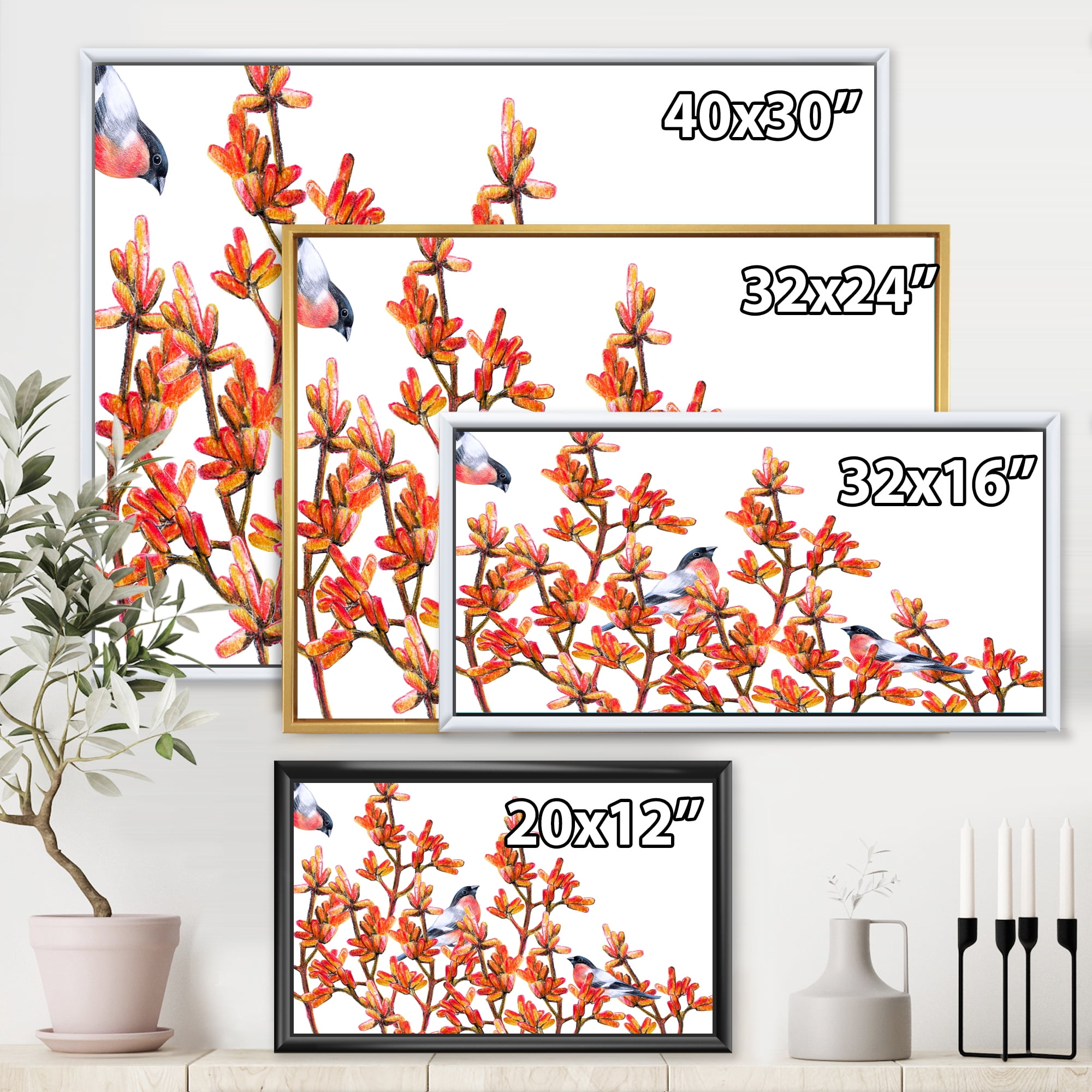 Designart 'Flock of Bullfinches Birds Sitting on Orange Branches' Traditional Framed Canvas Wall Art Print