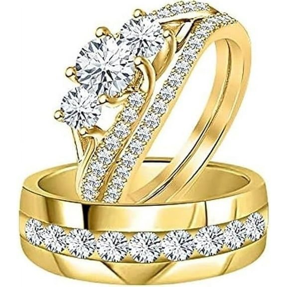 Gems Jewels 925 Sterling Silver 3.75 Ct Round Cut White Diamond Engagement Wedding Thanksgiving Christmas Trio Ring Set 14K Yellow Gold Plated For Unisex -4