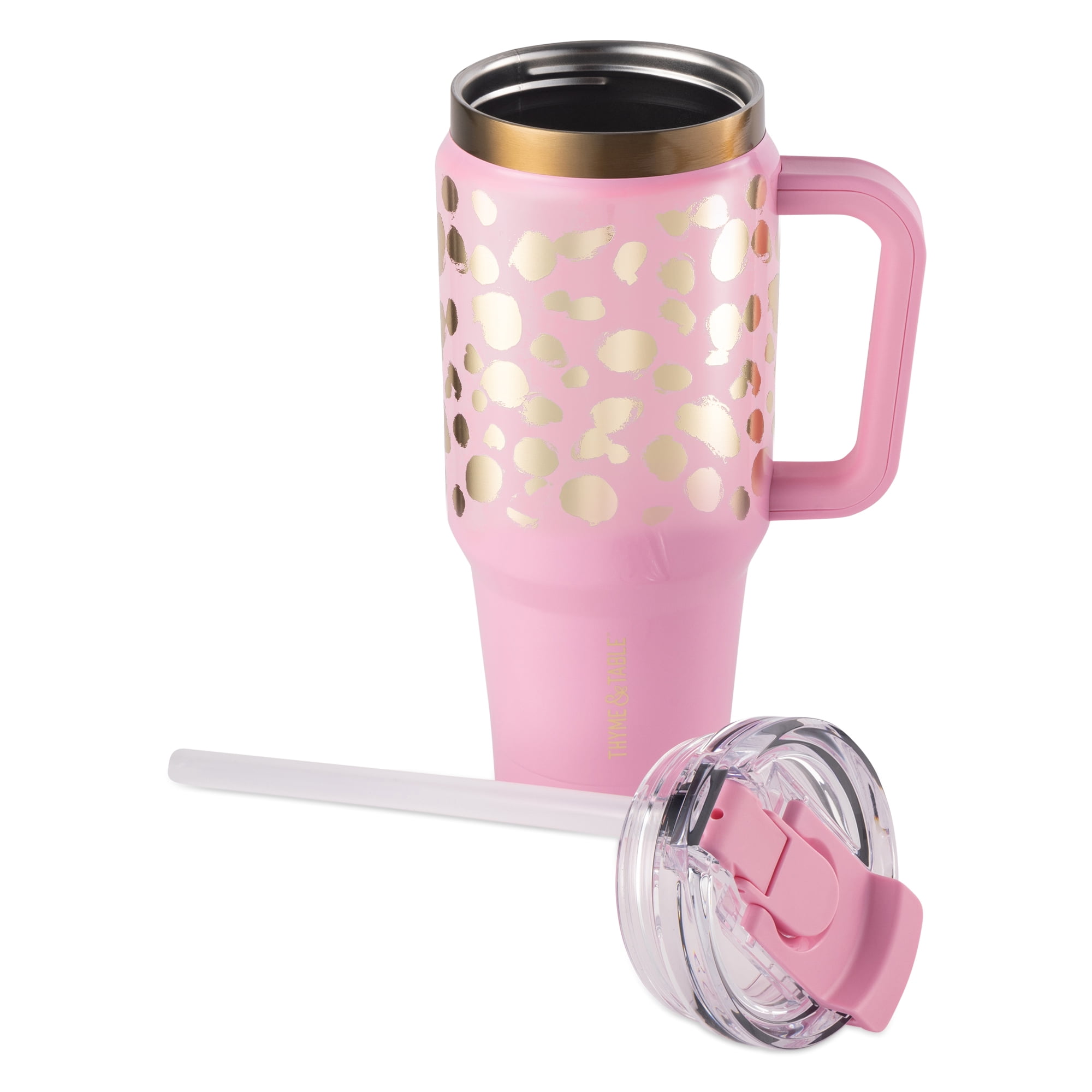 Thyme & Table 32oz Tumbler with Handle, Dual Straw Lid, Stainless Steel Double Wall Insulated, Pink & Gold Dot