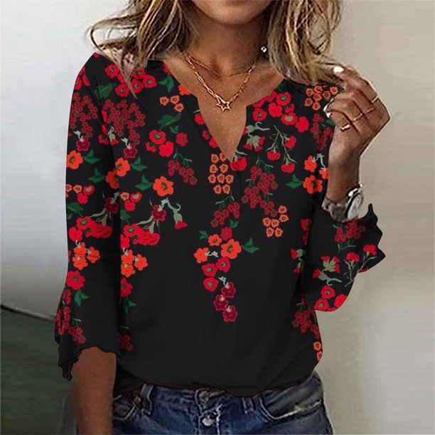 ICHUANYI Clearance Women's Casual Printing Three Quarter Sleeve V Neck Button T-Shirt Tees Blouse(Red, M) ICHUANYI WER2023081100375