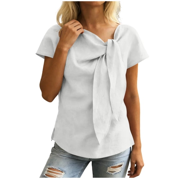 Htigea Women's Short Sleeve Shirts Cotton Linen Summer Tees Elegant Knot Neckline Work Office Daily Tops White S