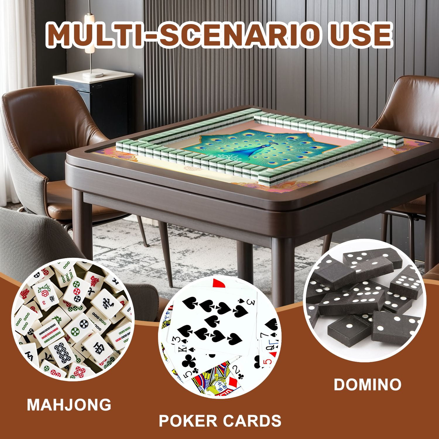 Mahjong Mat 31.5" x 31.5" Majestic Blue Peacock Vibrant Feathers Ornamental Geometric Frame Non-Slip Noise Reduction American Mahjong Tiles Table Cover for Dominoes Poker Card Board Games Gift