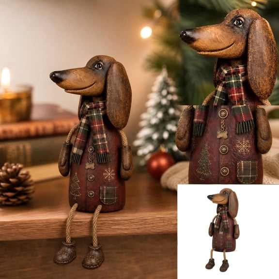 Vintage Christmas Dachshund Shelf Sitter, Resin Figurine with Dangling Legs, Holiday Tabletop Decor for Dog Lovers