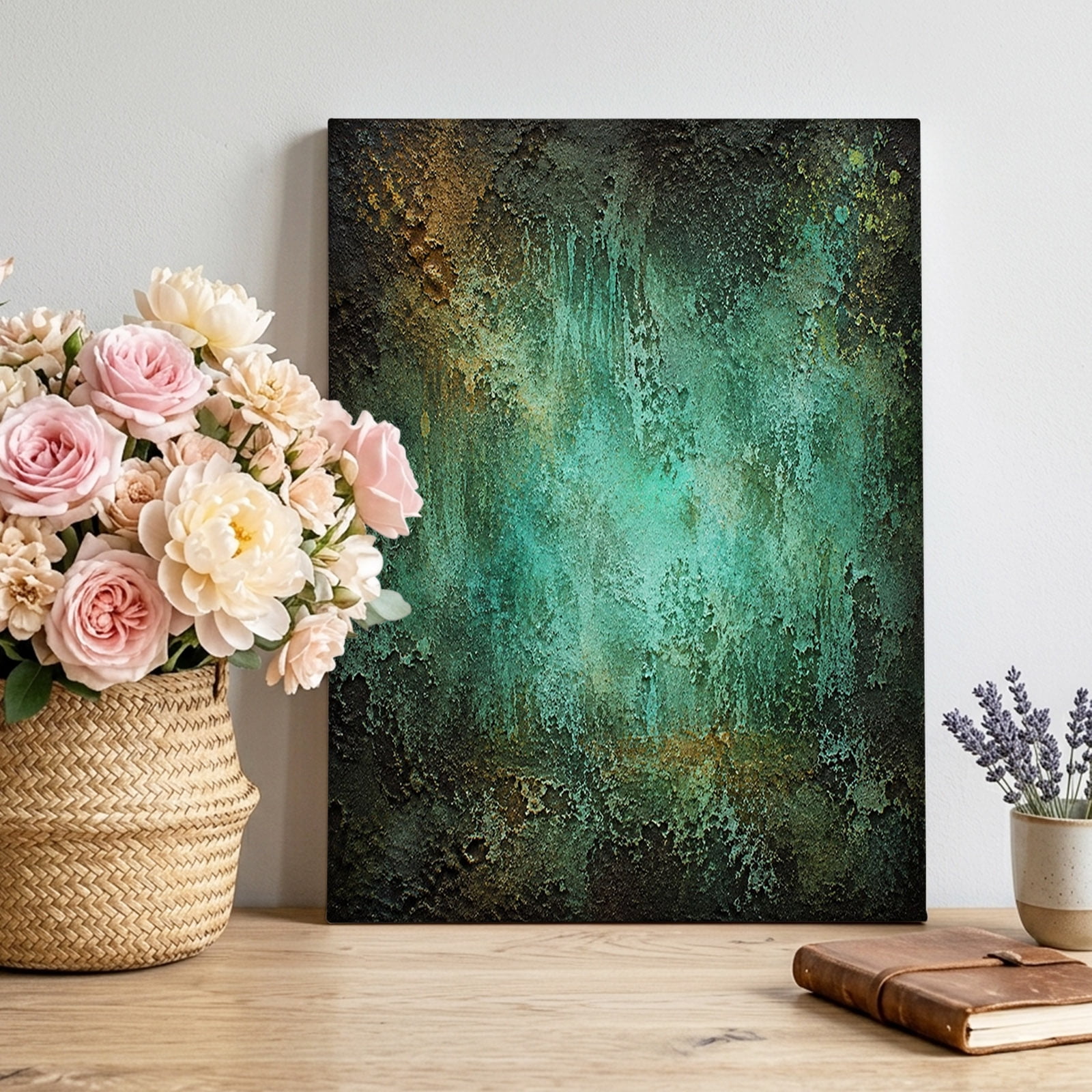 Canvas Wall Art Abstract Green Framed Canvas Prints for Living Room Bedroom Vintage Industrial Teal Black Mottled Modern Large Gallery Wrapped Wall Decor for Home Office Gifts 16 x20