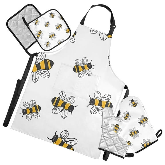 Cute Hand Painted Bees Apron Set with Oven Mitts Pot Holders Set of 5 Kitchen Stuff Accessories
