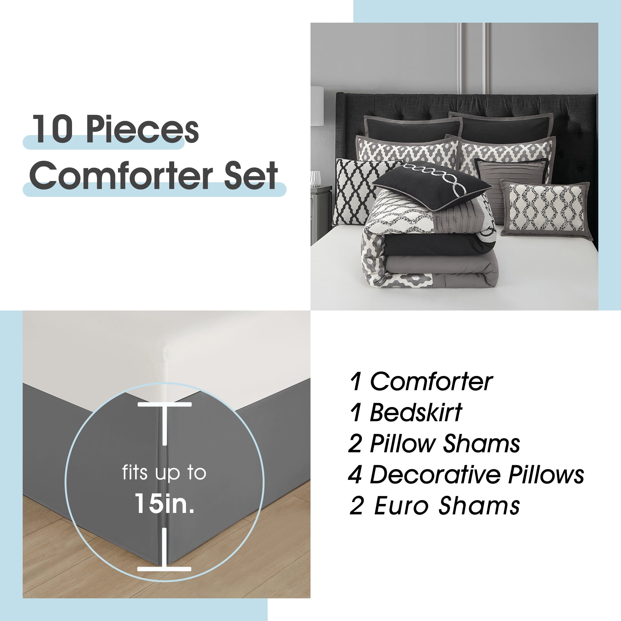 Lanco Geometirc California King Black Comforter Set, 10 Piece, Jacquard Bedding Comforters & Sets, Bedskirt, Pillows & Shams, Ultra-Soft