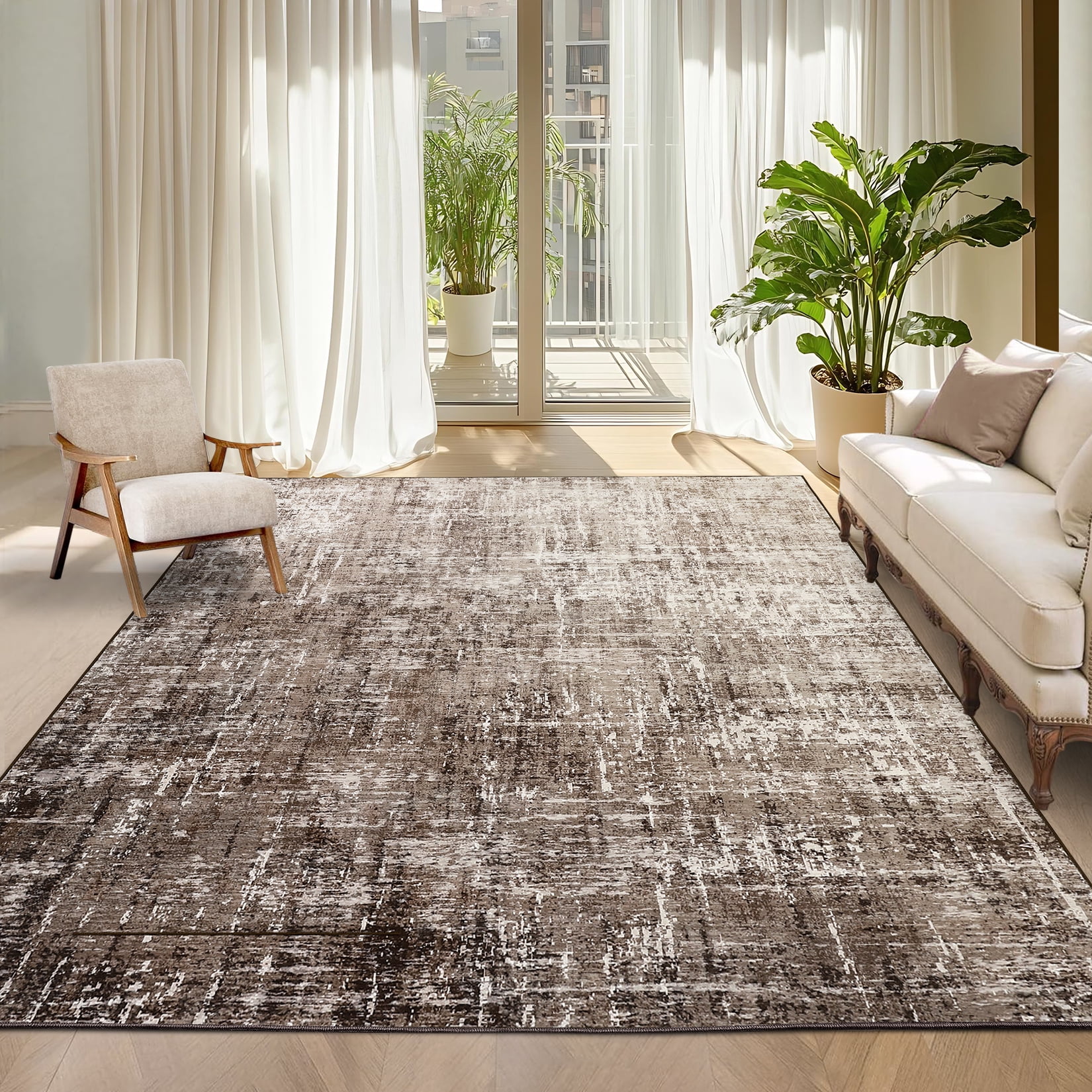 FairOnly 5'x7'Modern Abstract Gradient Color Area Rug Machine Washable Ultra Thin Low Pile Non Slip Carpet for Living Room Dining Room Bathroom,Light Camel