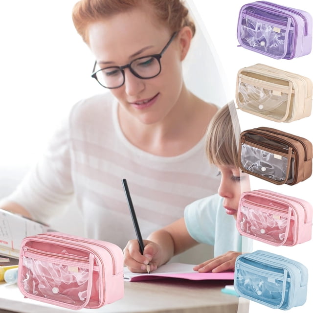 Bolsa de almacenamiento de papelería de varias capas, organizador de bolígrafo de gran capacidad, tela impermeable de PVC frontal, cremallera, 21,5 cm, bolsa de viaje de maquillaje de sobremesa, 1