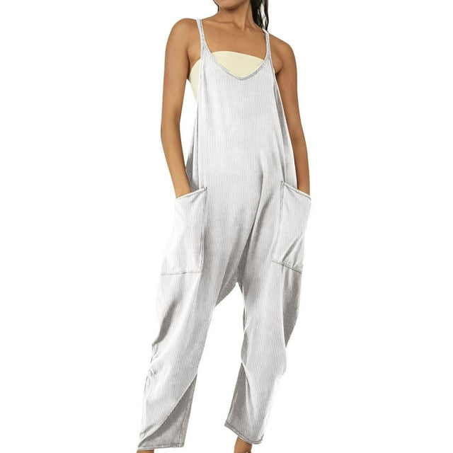 FAIWAD Womens Oversized Jumpsuits V Neck Sleeveless Overalls Summer Spaghetti Strap Baggy Romper with Pockets