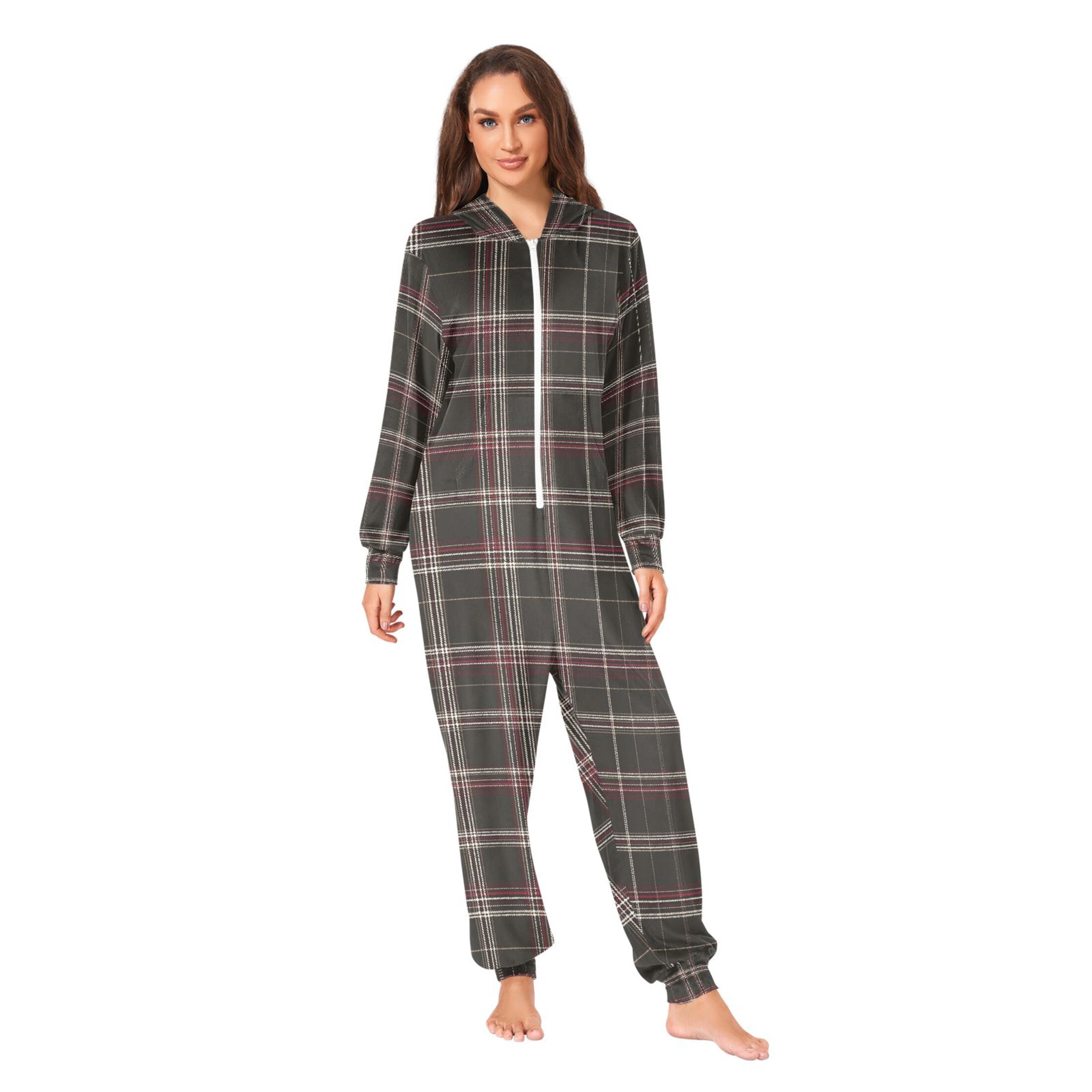 Adult Christmas Onesie Dark Brown Plaid Adult Zipper One-Piece Pajamas Unisex Pajamas with Pockets