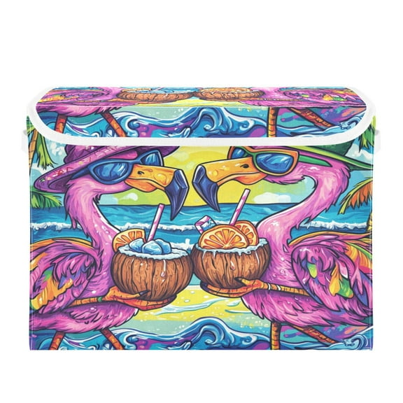 WOBOGO Pink Cartoon Flamingos Large Collapsible Storage Box Flip Lid Fabric Decorative Organizer Container Basket with Handles 16.5×12.6×11.8in