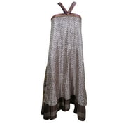 Mogul Women's Indian Wrap Skirt Purple Printed Silk Sari 2 Layer Reversible Halter Dress