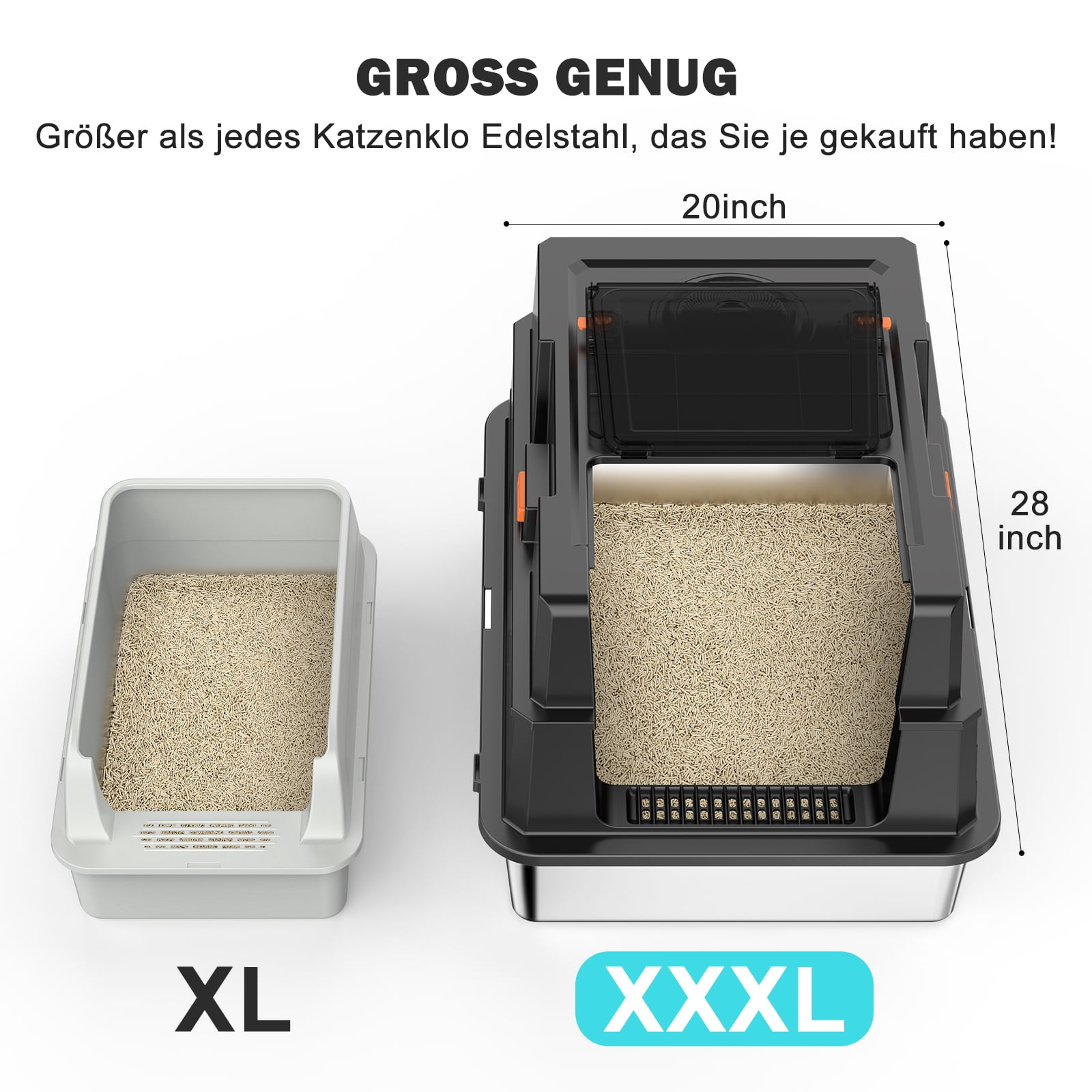 Stainless Steel Litter Box with Lid, Extra Large Enclosed Metal Cat Box, Front Entry Top Exit Kitty Litter Box with Litter Scoop and Litter Mat, Black