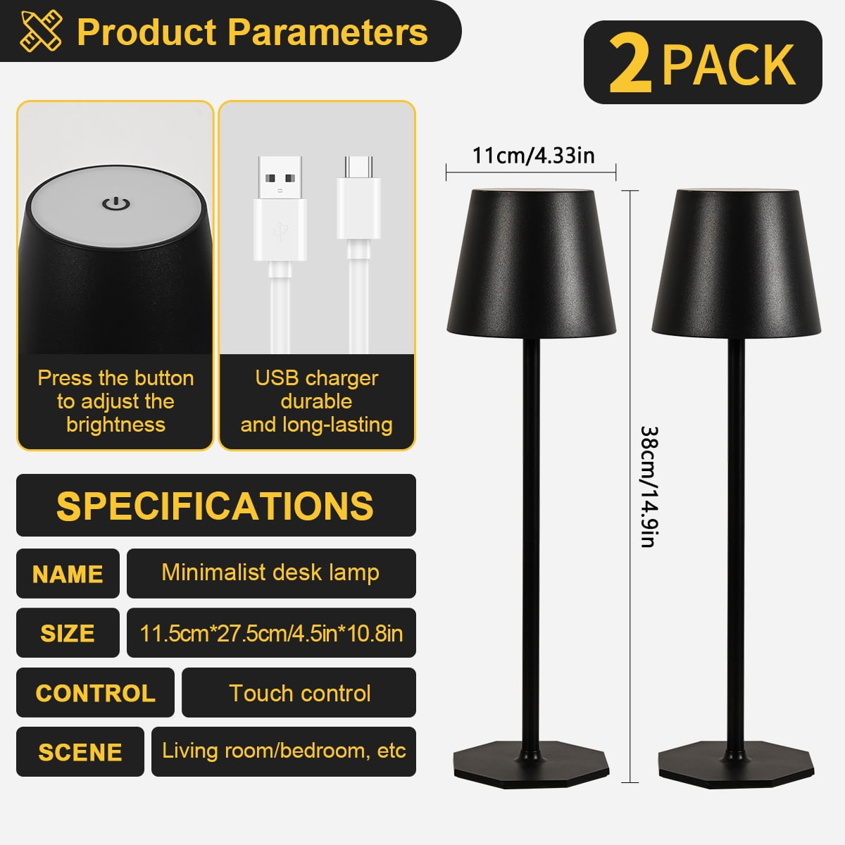 2 Pack Rechargeable Table Lamp - Cordless LED Lamp with 6000mAh Battery Operated LED Desk Lamp, Portable Table Light Outdoor for Dinner Patio Restaurant Bar Bedroom Coffee Shop Night Light(Black)
