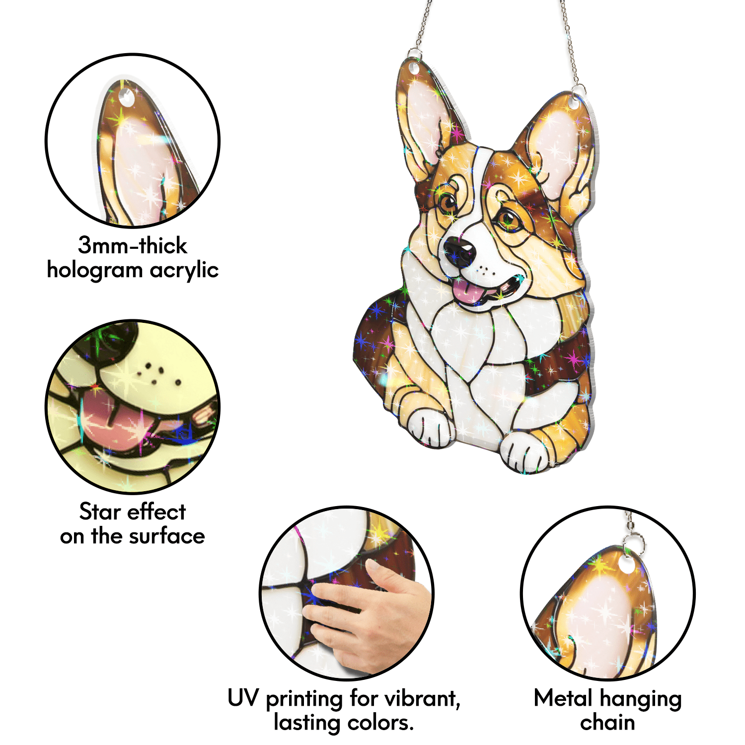 89Bloom Pembroke Welsh Corgi Stained Glass Hologram Ornament, Dog Stained Glass Suncatcher Ornaments Home Decor, Dog Holographic Ornaments