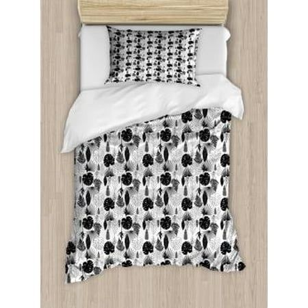 Black And White Twin Size Duvet Cover Set Tropical Leaf