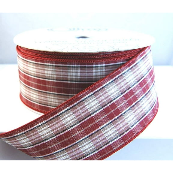 Wire Edged Joleen Plaid Burgundy, White and Grey Christmas Ribbon 2 1/2" 50 Yards …
