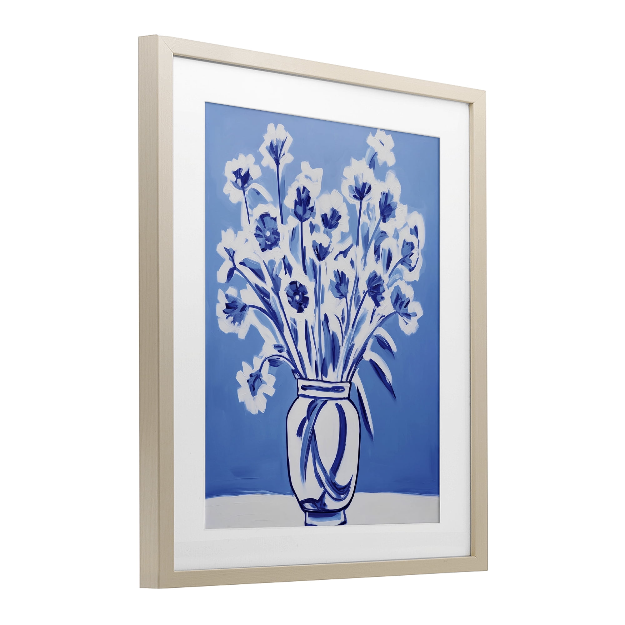 Blue & White Contrast Flowers Birch Framed Print Under Glass, design by Lettered and Lined