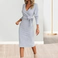 thumbnail image 4 of Women Spring Fall Dress Cross V Neck Lace-up Slim Fit Sheath Long Sleeves Knee Length Knitted Slim Fit Elastic Midi Dress Shopping Dating Dress, 4 of 7