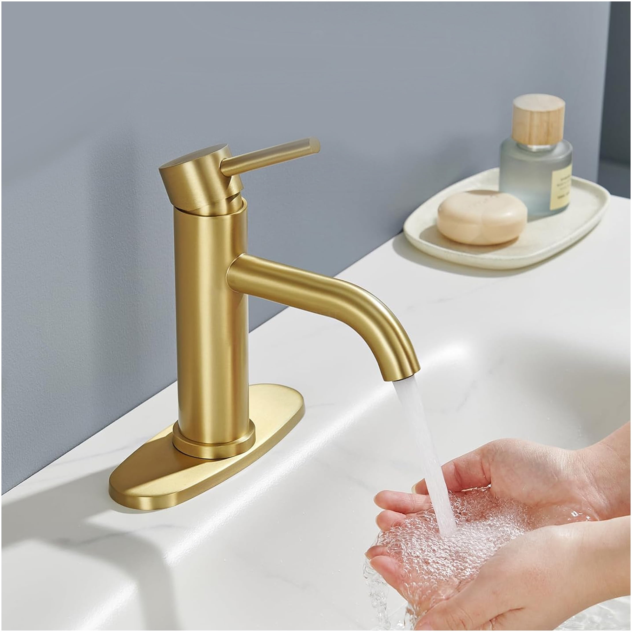 JERFIT Brushed Gold Bathroom Sink Faucet, Single Hole Single Handle Vessel Vanity Faucet in Stainless Steel with Ceramic Cartridge for Easy Installation