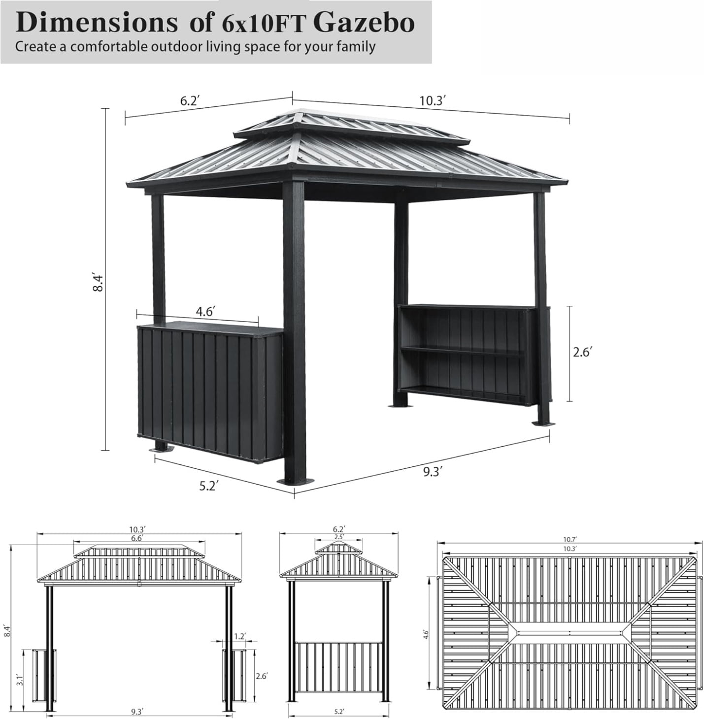 6x10FT Hardtop Grill Gazebo, Outdoor BBQ Gazebo with Double Galvanized Steel Roof, Permanent Sun Shade Grill Canopy with 2 Storage Cabinets and Ceiling Hooks, Gray