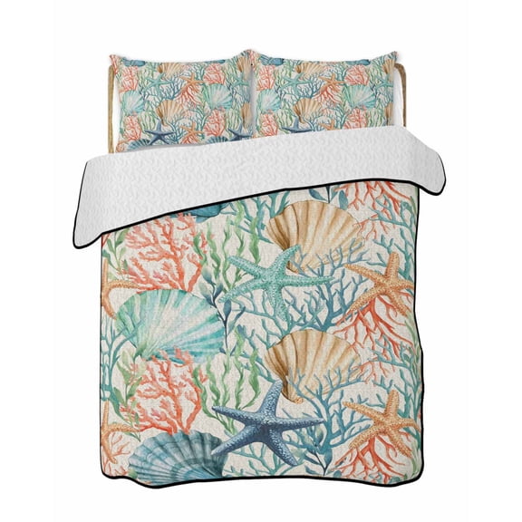 Full Size Quilt Bedding Set, Coastal Beach Reversible Summer Quilt 3 Pieces, Nautical Summer Coral Starfish Shell Lightweight Bedspreads Coverlets with 2 Pillow Shams for All Seasons